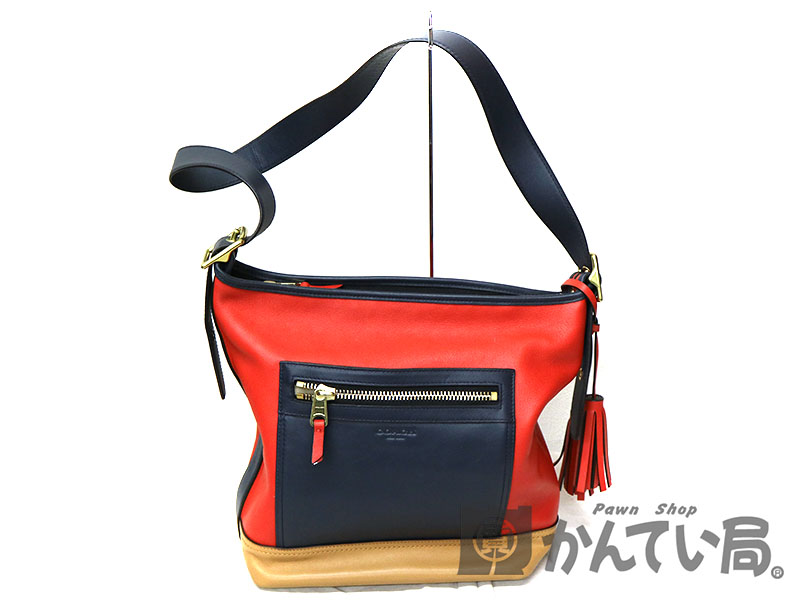 COACH【コーチ】 19995 ショルダーバッグ　レザー　オレンジ系　ベージュ系　ネイビー系　レディース　【中古】　USED-6　質屋　かんてい局　茜部店　a19-4366
