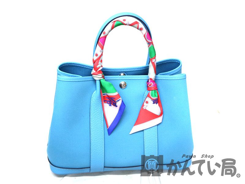 HERMES　【エルメス】　ガーデンパーティTPM ツイリー　レザー×キャンバス ハンドバッグ　ショルダーバッグ　トワルオフィシェ　ネゴンダ　ブルー系　C刻印　鞄　レディース　【中古】USED-7　質屋　かんてい局茜部店 　a19-8310/a19-8311