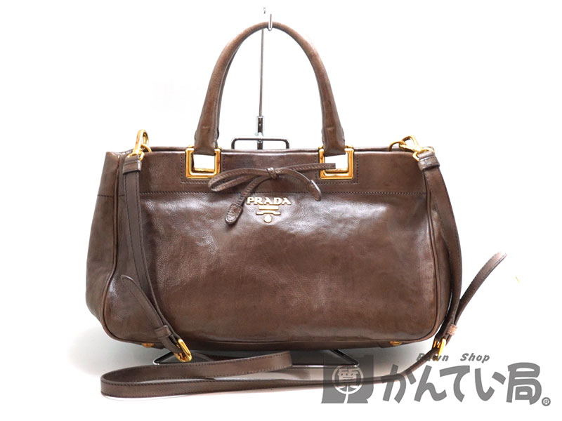 PRADA【プラダ】BN2243 2WAYハンドバッグ かばん 鞄 ショルダーバッグ ブラウン　ゴールド レザー レディース 斜め掛け【中古】USED-6 質屋かんてい局北名古屋店 n19-7569