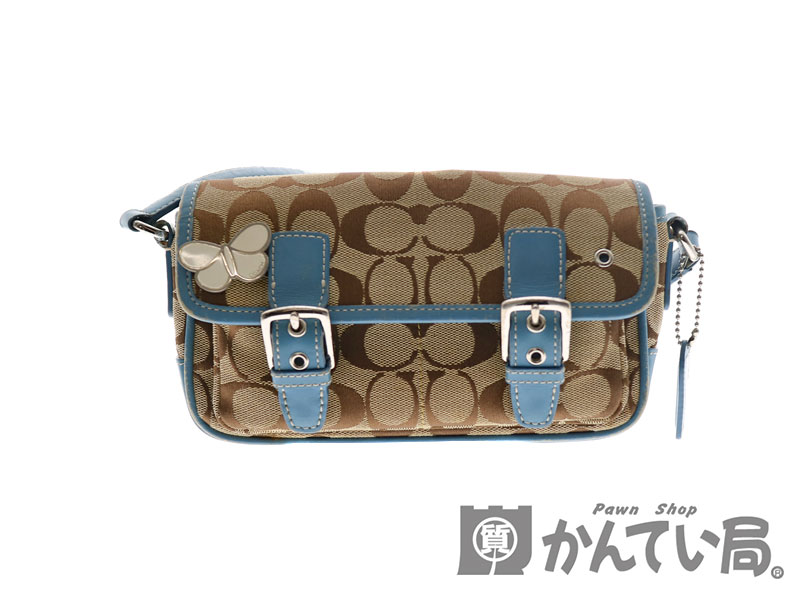 COACH【コーチ】 6686　ショルダーバッグ　キャンバス　シグネチャー ベージュ ブラウン　ブルー　小さめ レディース 鞄　蝶々　 【中古】USED-6　質屋 かんてい局小牧店　c3100432928500001