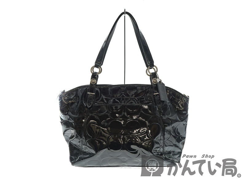 A4可 美品 コーチ PVトートバッグ シティ シグネチャー ロゴ型押し 黒 coach コーチ トートバッグ シグネチャー パテントレザー A4 大容量