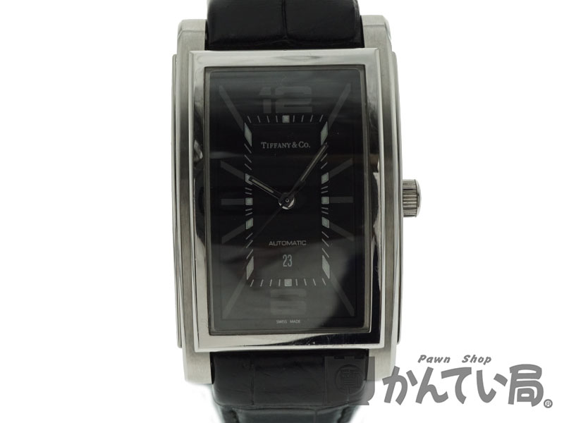 Tiffany【ティファニー】　Z0031.68.10A10A70A　グランドオートマチック　メンズ　SS　レザー　自動巻き　レクタンギュラー　デイト　ブラック　腕時計　USED-8【中古】　質屋　かんてい局細畑店　h3100095928700001