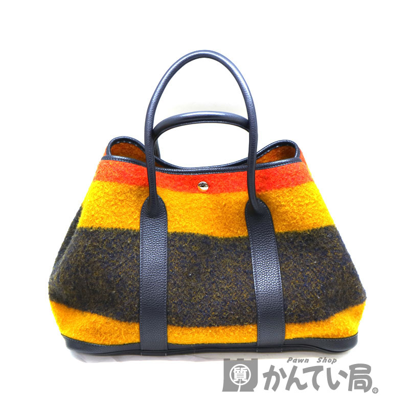 HERMES【エルメス】 ガーデンパーティーPM　ロカパール　トートバッグ　ウール×レザー　ブラック系×オレンジ系　USED-6【中古】　 A2001603 質屋　かんてい局茜部店