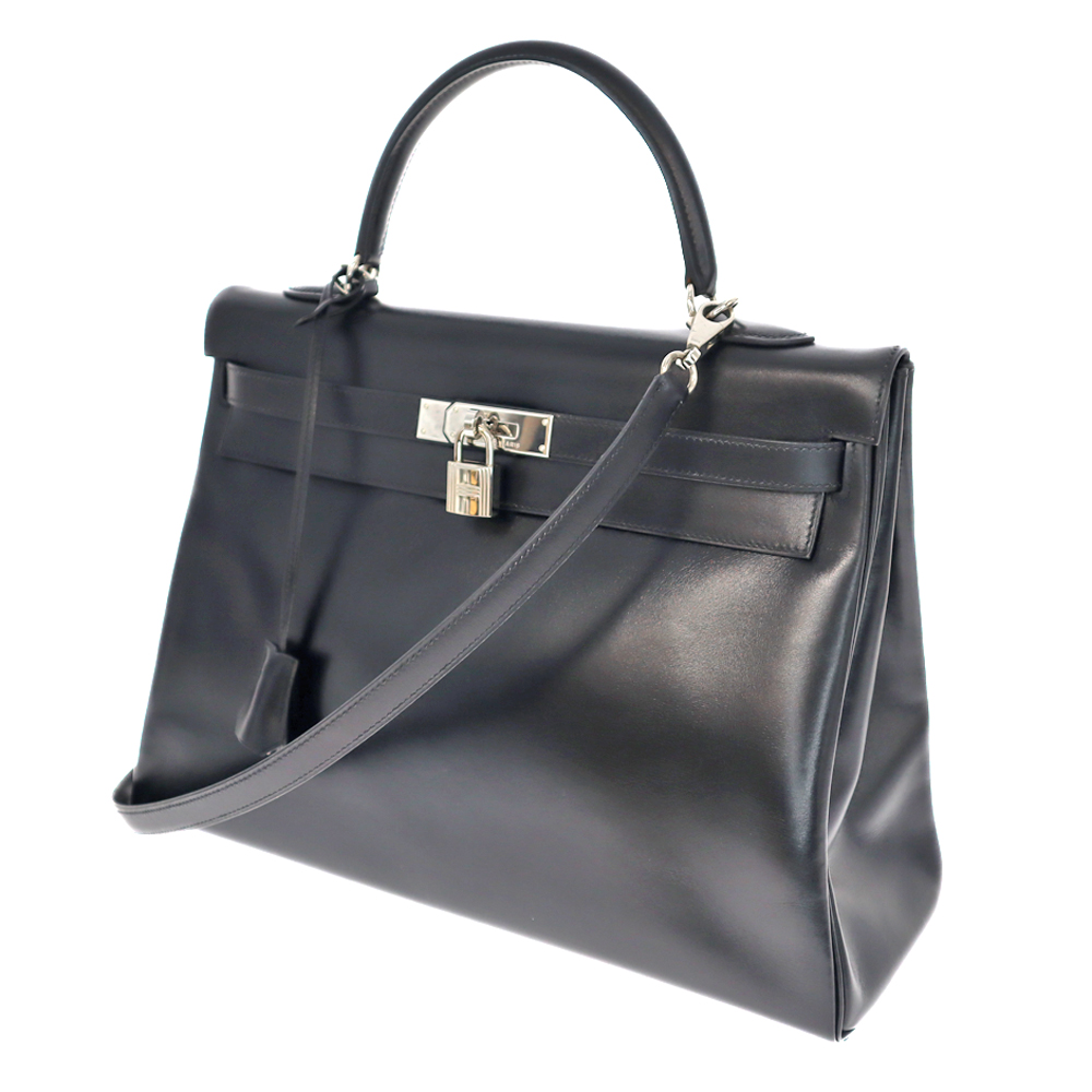 HERMES【エルメス】ケリー35 内縫い retourne ハンドバッグ 2WAY ボックスカーフ シルバー金具 本革 レザー ノワール ブラック系 メンズ レディース ユニセックス □E刻印(2001年)【中古】USED-6 質屋かんてい局春日井店 k22-6904