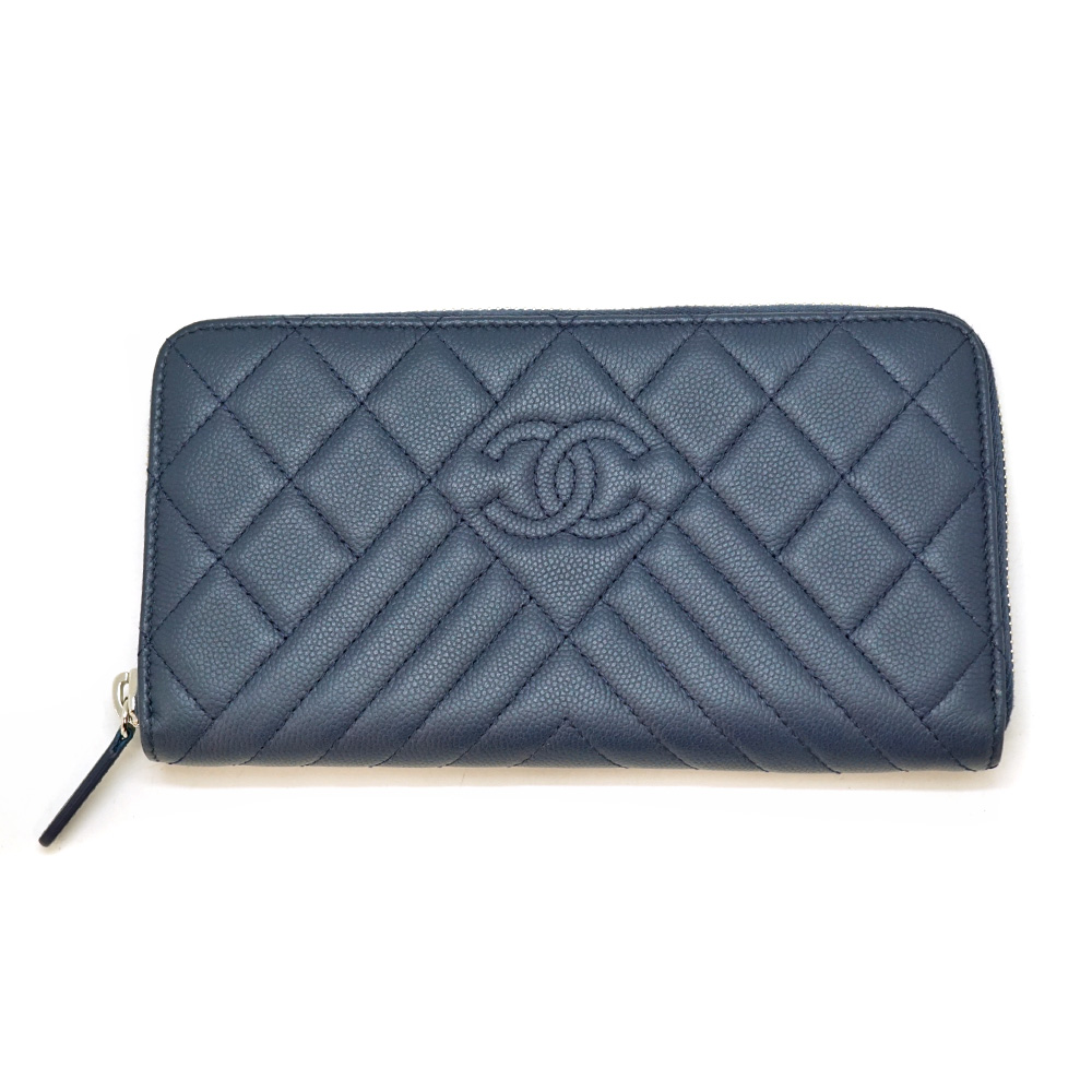 CHANEL【シャネル】ラウンドファスナー長財布 ロングジップウォレット ココマーク ネイビー 紺 レザー サイフ【中古】USED-8　質屋  かんてい局北名古屋店 n22-1549