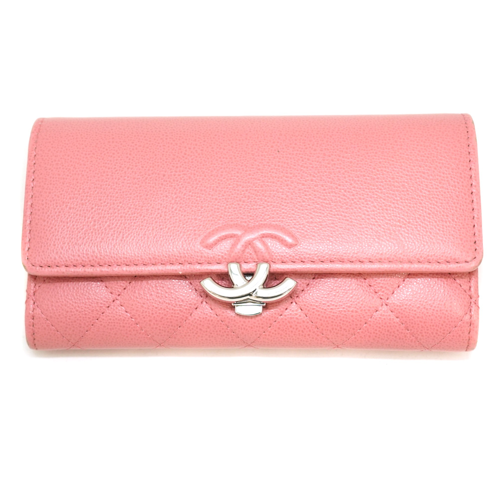 CHANEL 長財布 フラップウォレット ココマーク ロゴ入り ピンク レザー CHANEL シャネル ココマーク ロング フラップウォレット ピンク
