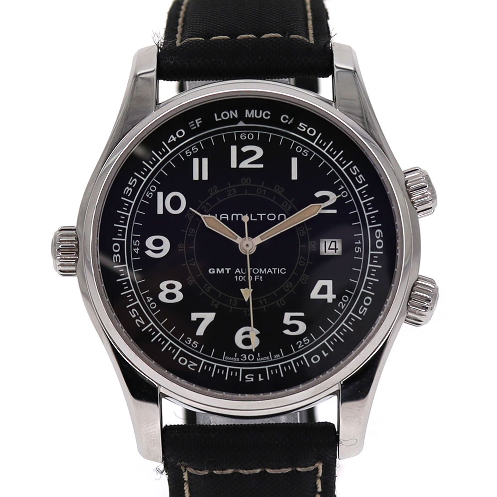 HAMILTON【ハミルトン】 H77505433 カーキネイビーGMT メンズ 腕時計 30気圧防水 ステンレス レザー ナイロン 【中古】USED-6 質屋 かんてい局小牧店 c22-1405