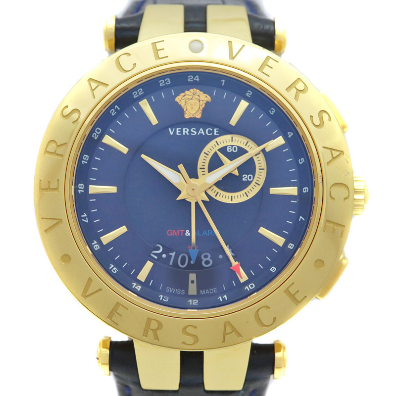 ヴェルサーチ Versace 29G70D282S282 Vレース GMTアラーム ネイビー文字盤【中古】