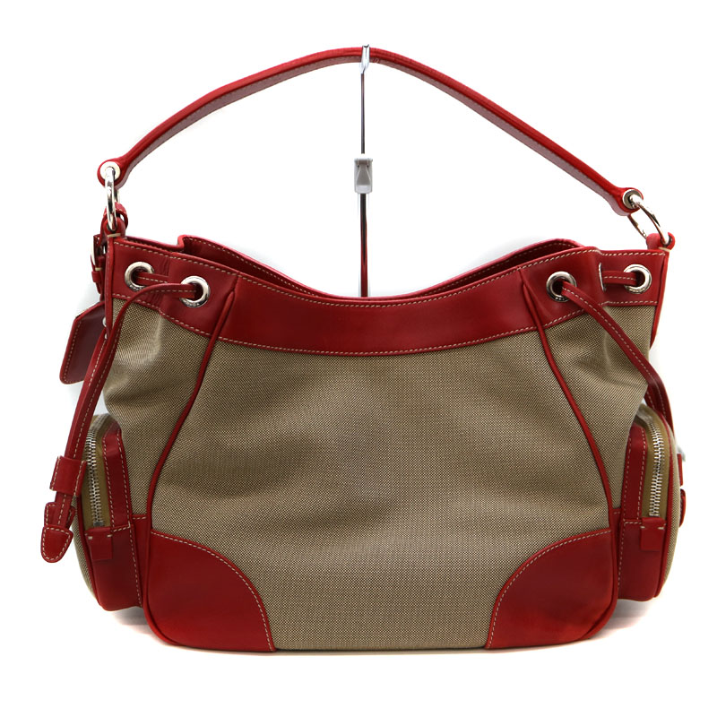 PRADA　プラダ　ボストン　ハンドバッグ　レザー　キャンバス　レッド　ブラウン PRADAプラダボストンハンドバッグレザーキャンバスレッドブラウン