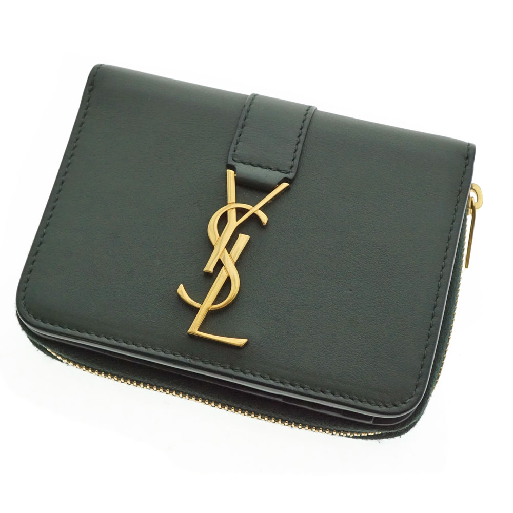 SAINT 良い LAURENT サンローラン 二つ折り財布 グリーン レザー 質屋