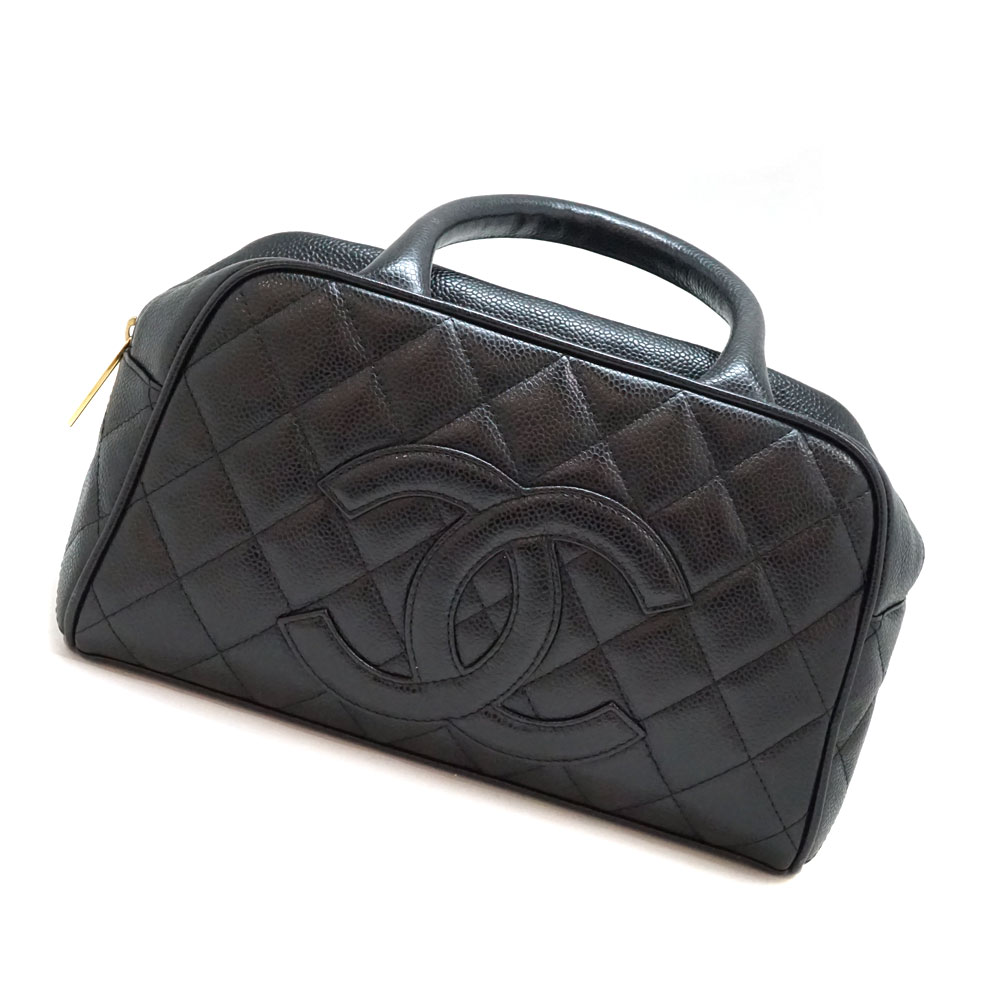 専用 シャネル CHANEL ミニボストンバッグ キャビアスキン 革 黒