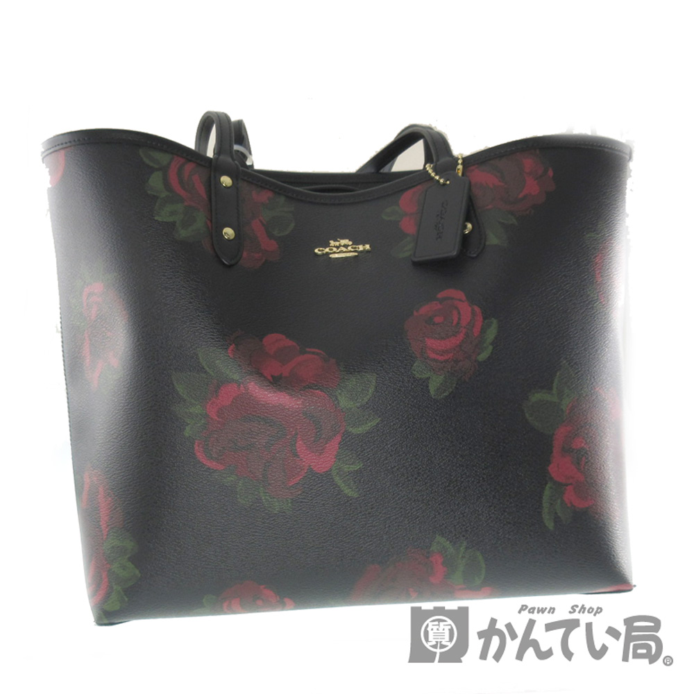 COACH【コーチ】F45317　トートバッグ　レザー　ブラック×レッド系×グリーン系　レディース　大容量　ブランド　ローズ　リバーシブル　【中古】USED-B【6】k2001655 質屋　かんてい局春日井店