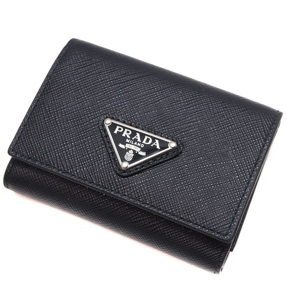 プラダ Prada 2MH042 サフィアーノトライアングル財布 三つ折り財布 レザー ブラック 【中古】