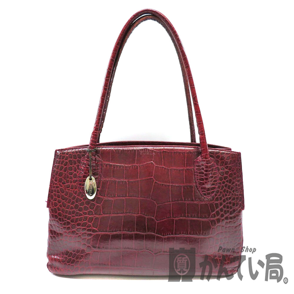 FURLA【フルラ】型押し トートバッグ クロコダイル風 レザー ワインレッド レディース【中古】USED-6 質屋 かんてい局細畑店  h2002091