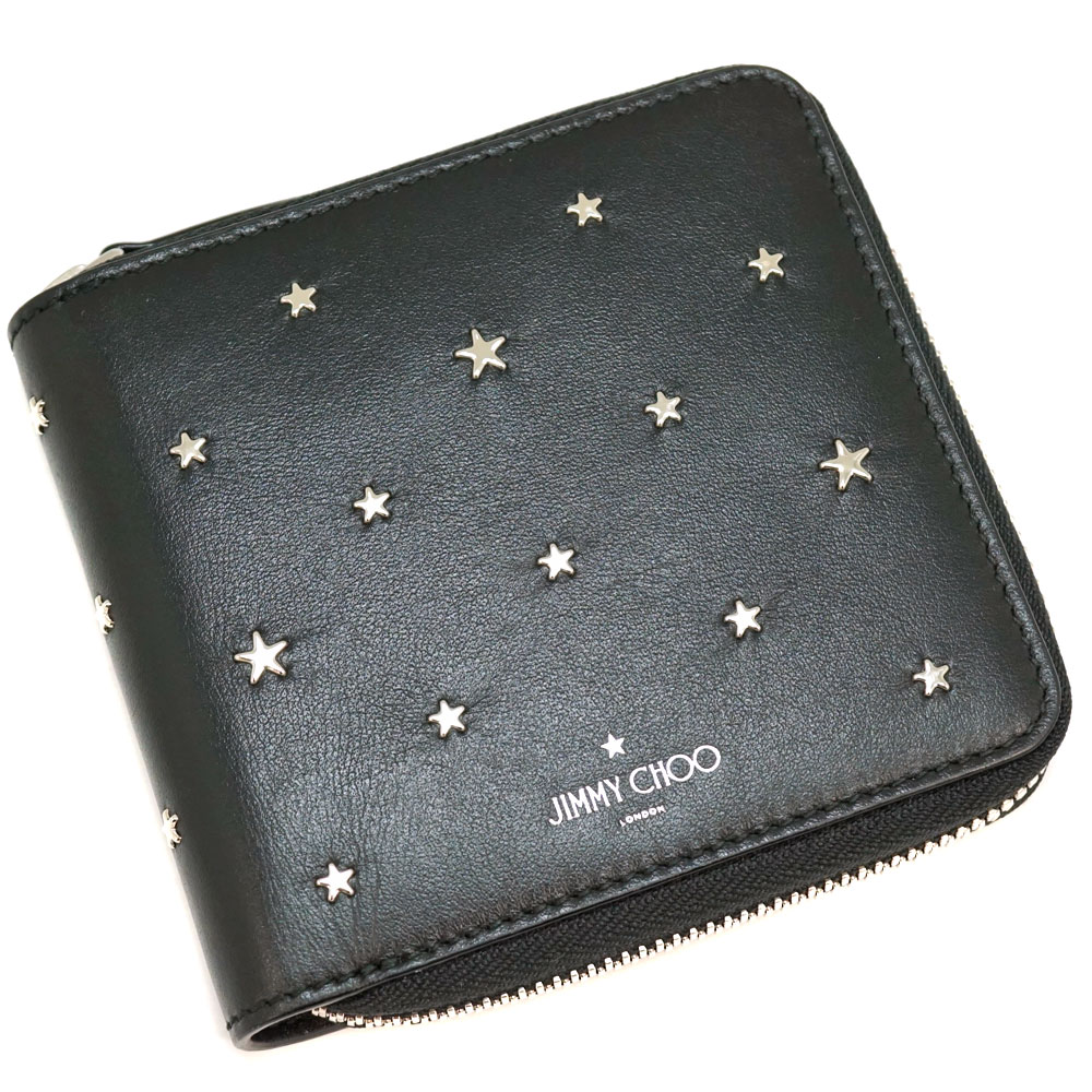 JIMMY CHOO【ジミーチュウ】TESSA ラウンドファスナー財布 ミディアムウォレット コンパクト ミニサイフ 二つ折り財布 　ブラック 黒 スタースタッズ 星 さいふ レザー レディース メンズ【中古】USED-8　質屋かんてい局北名古屋店 n21-2941