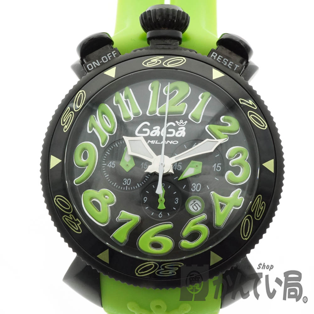 GaGaMILANO【ガガミラノ】6054.02 マヌアーレ48mm/クロノグラフ　クオーツ　ライムグリーン　メンズ 腕時計 SS×ラバー カジュアル  定番モデル 【中古】USED-6【B】 質屋かんてい局細畑店 h2002240