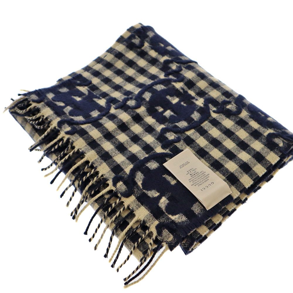 激レア GUCCI ネイビー チェック柄 マフラー 質屋かんてい局オンラインショップ / GUCCI【グッチ】644365