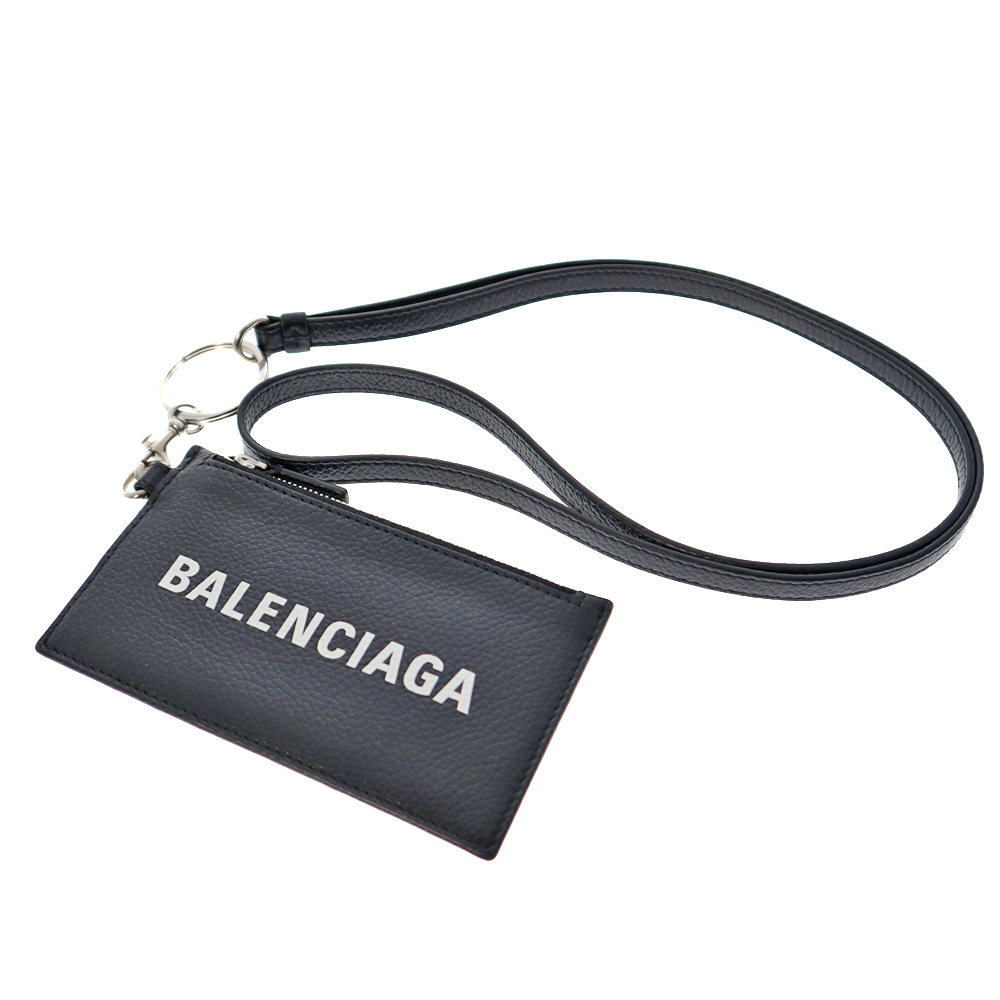 BALENCIAGA【バレンシアガ】594548 コイン＆カードケース ネックストラップ付 ブラック ホワイト ロゴ モノトーン レザー レディース  メンズ ユニセックス 小銭入れ【中古】USED-8 質屋 かんてい局春日井店 k22-3028