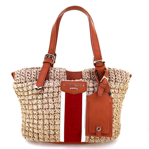 質屋かんてい局オンラインショップ Samantha Thavasa サマンサ タバサ 編み込みトートバッグ 鞄 レザー ブラウン ナチュラル レッド 中古 Used 6 買取専門 かんてい局大垣店 P21 480