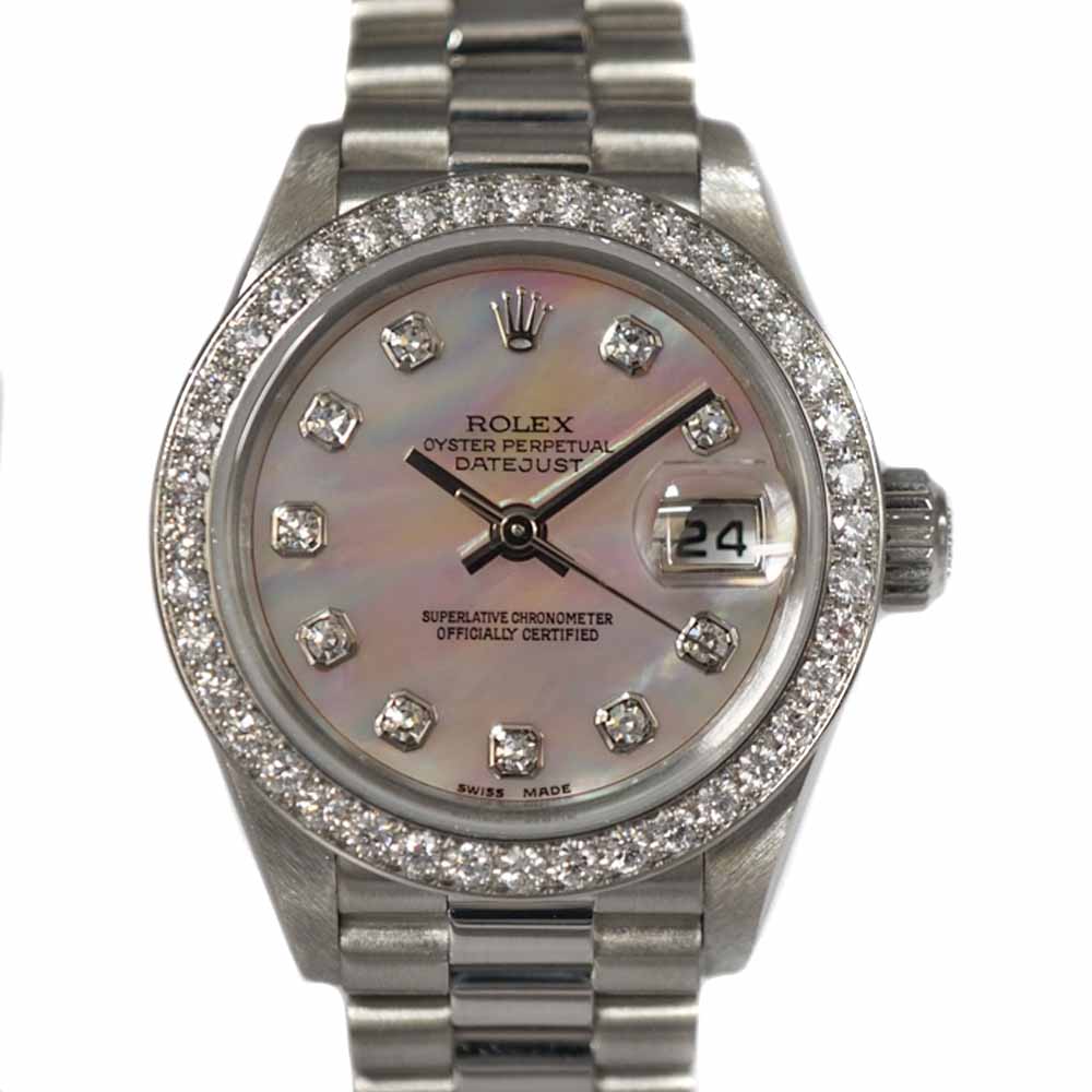 【メンテナンス済】ROLEX【ロレックス】 79136NG デイトジャスト 10Pダイヤ ピンクシェル Pt950 プラチナ950 ダイヤベゼル レディース 腕時計 USED-9 【中古】質屋かんてい局春日井店 k21-2594
