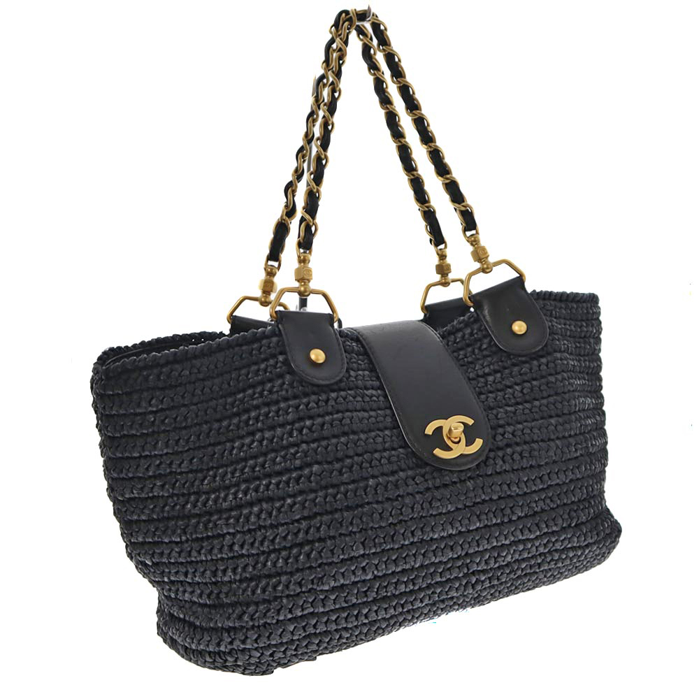 CHANEL【シャネル】ラフィア チェーンショルダーバッグ トートバッグ レザー ブラック系 黒 マットゴールド金具 カゴ 編み 椰子 ココマーク 鞄 カバン レディース【中古】USED-7 質屋かんてい局春日井店 k21-3477