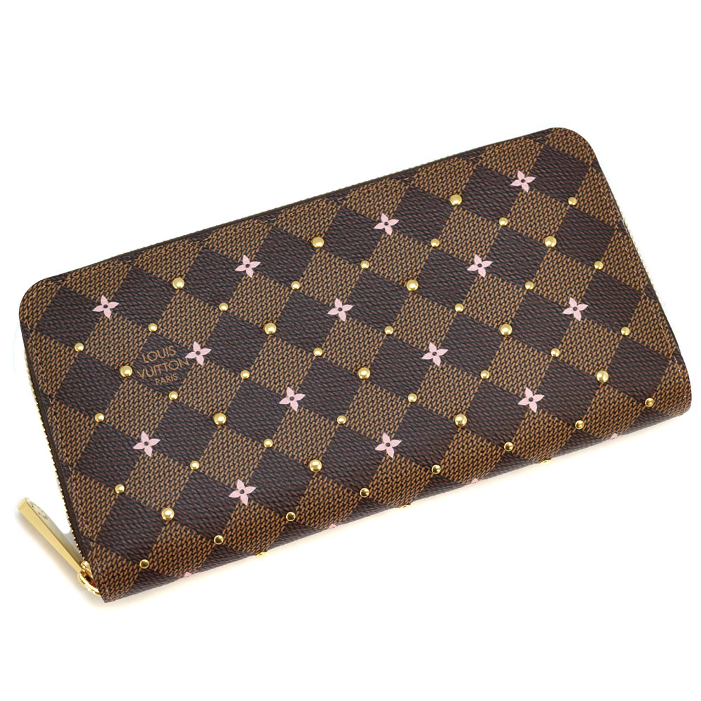 LOUIS VUITTON【ルイ・ヴィトン】N60473 ジッピーウォレット ダミエ エベヌ キャンバス ブラウン系 モノグラムフラワー スタッズ付  内側：ピンク ラウンドファスナー 長財布 サイフ さいふ レディース【中古】USED-8 質屋 かんてい局北名古屋店 n21-4786