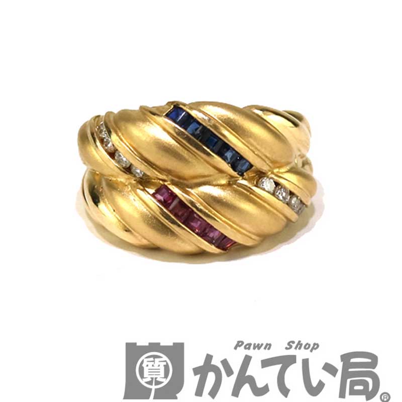 K18　18金　ルビーサファイヤリング　ゴールド系　約13号　縄飾り　約8.0g　つや消し レディース 指輪 ジュエリー アクセサリー【中古】 USED-9　質屋かんてい局 小牧店 c3103159928500024