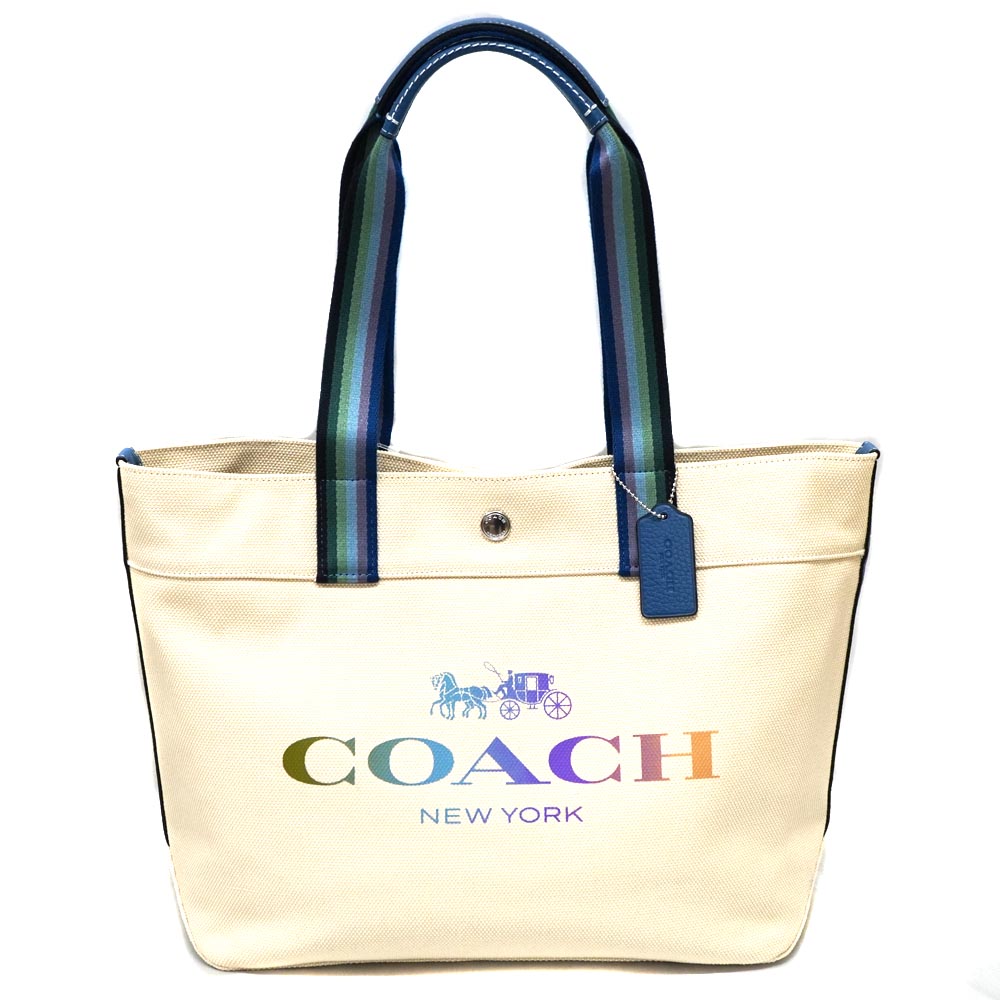 質屋かんてい局オンラインショップ Coach コーチ トートバッグ ショルダーバッグ 肩掛け キャンバス グラデーション レインボー ホワイト ブルー レディース メンズ 通勤 通学 レジャー 中古 Used 8 質屋 かんてい局北名古屋店 N22 5687