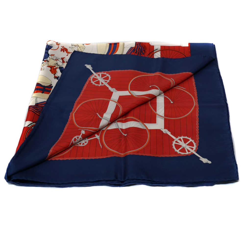 HERMESカレ90 LES BECANES シルクスカーフ エルメス HERMES カレ90 LES BECANES 自転車 スカーフ ブルー