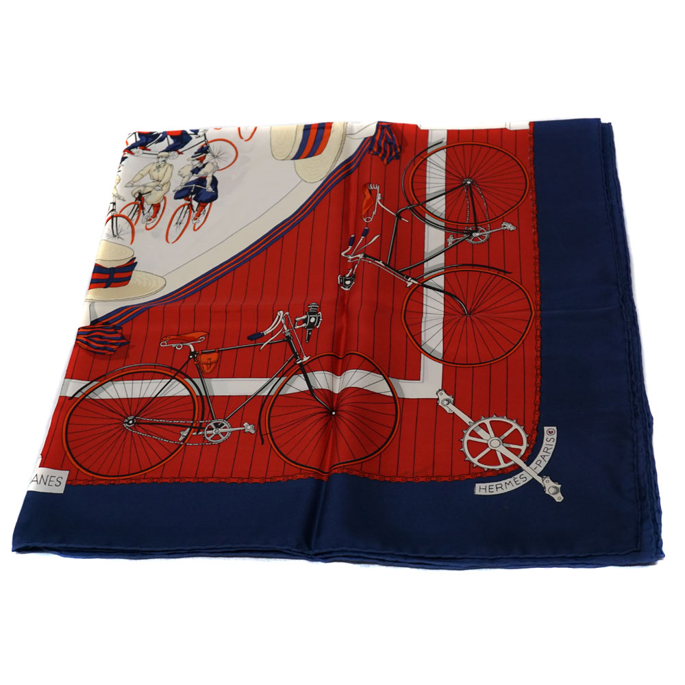 HERMESカレ90 LES BECANES シルクスカーフ エルメス HERMES カレ90 LES BECANES 自転車 スカーフ ブルー