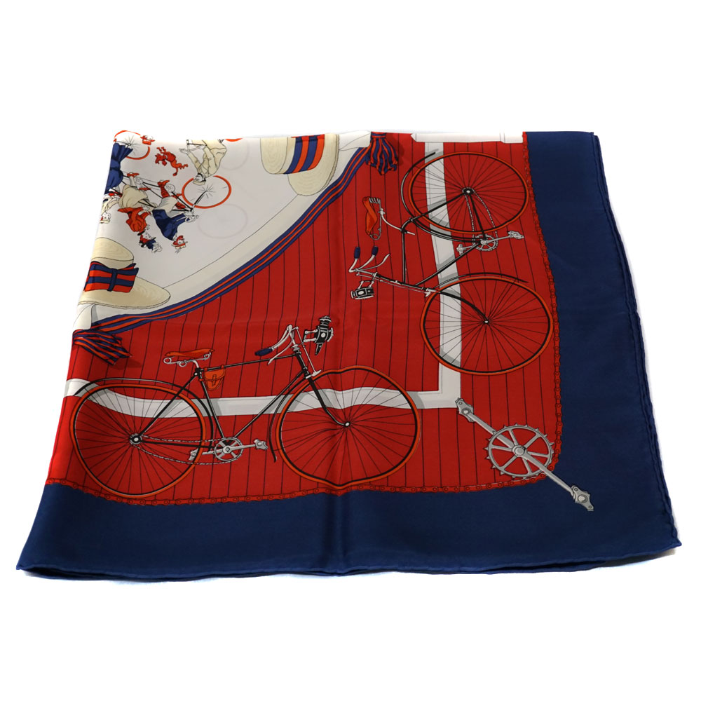 HERMESカレ90 LES BECANES シルクスカーフ エルメス HERMES カレ90 LES BECANES 自転車 スカーフ ブルー