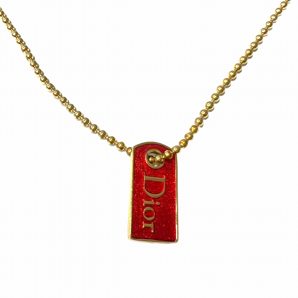 Dior クリスチャンディオール ネックレス ロゴプレート 赤 ゴールド