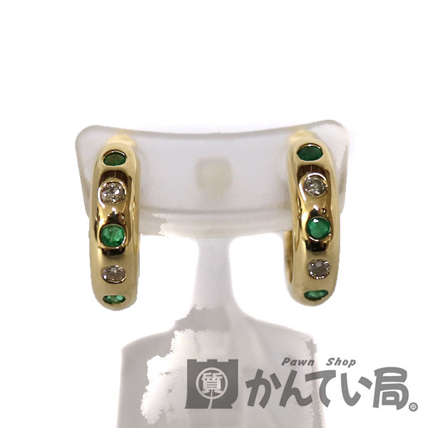 K18【18金】ピアス　ダイヤモンド　エメラルド　D0.11/E0.16ct　ゴールド系　お洒落　上品　K18　レディース　フープピアス【中古】USED-9　質屋　かんてい局　小牧店　c20-3813