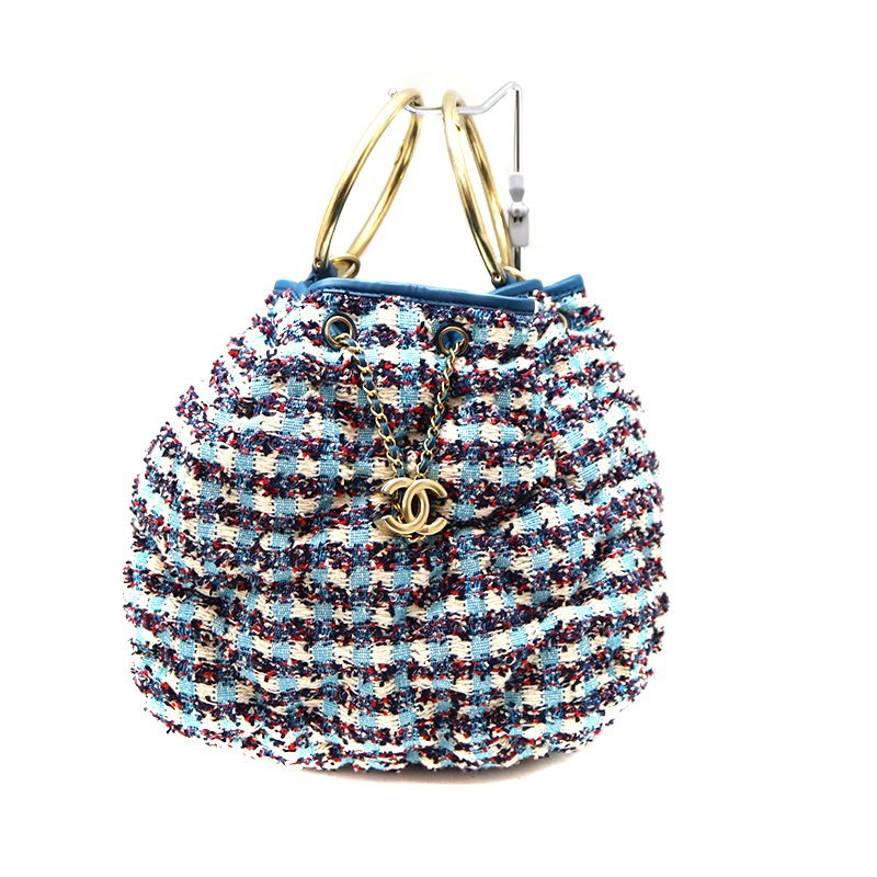 CHANEL【シャネル】ツイード巾着バッグ　ハンドバッグ　ショルダーバッグ　2WAYバッグ　鞄　ブルー系/青系　レザー/革　ツイード　レディース【中古】USED-6　質屋　かんてい局茜部店　A22-8667