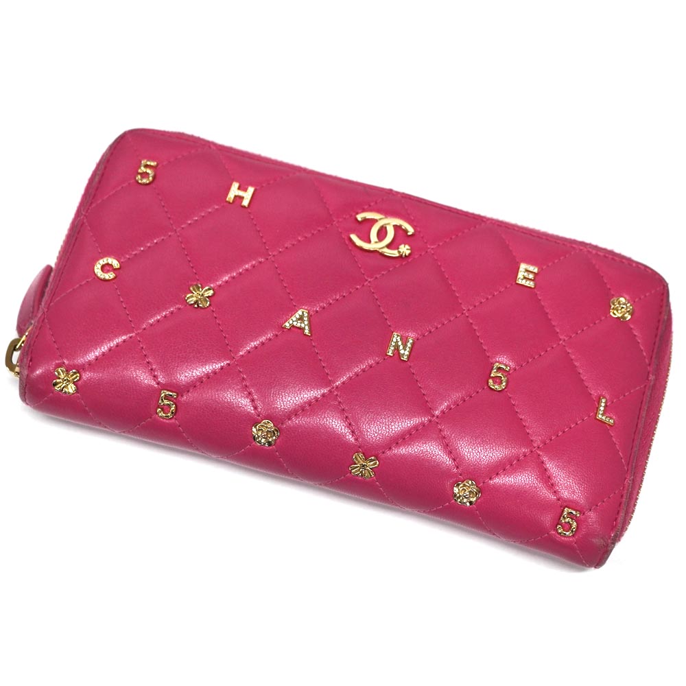 CHANEL【シャネル】AP1590 ラウンドファスナー財布 マトラッセ ロングジップウォレット ココマーク ピンク ラインストーン キルティング  小物 カメリア クローバー 5 レディース【中古】USED-5 質屋 かんてい局北名古屋店 n22-7359