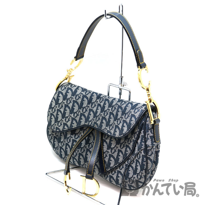 C.DIOR【クリスチャンディオール】 SL044002　サドルバッグ　キャンバス　レザー　ネイビー系　ゴールド系　ハンドバッグ　レディース　A2007556　USED-7【中古】質屋　かんてい局茜部店