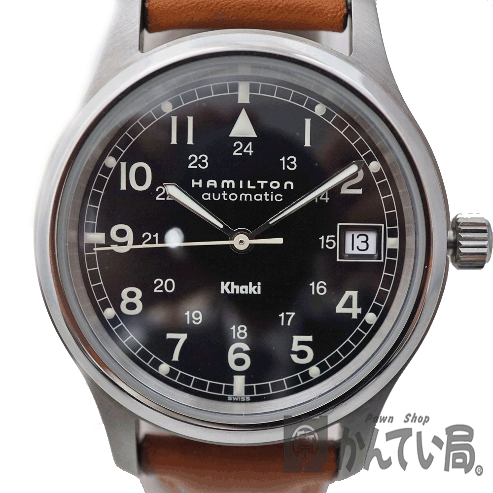 HAMILTON　【ハミルトン】　9721B　カーキ　自動巻き　オートマチック　レザー　裏スケ　黒文字盤　メンズ　腕時計　【中古】　USED-B【6】  質屋かんてい局春日井店　k20-5492-174