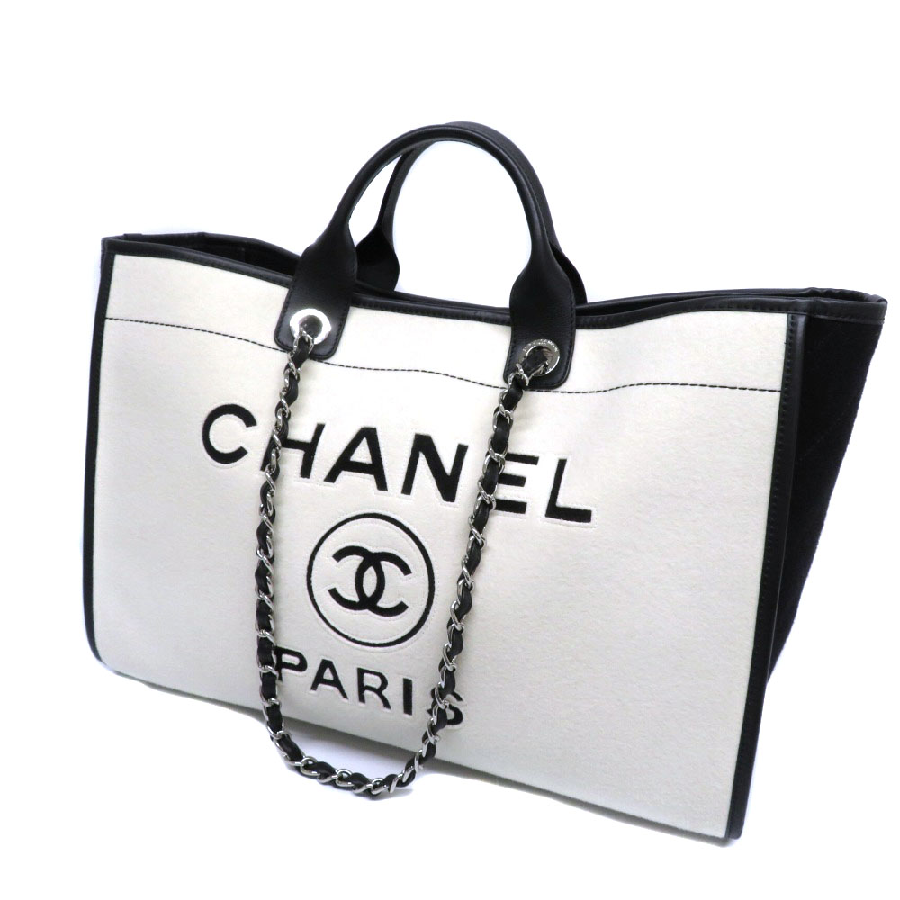 CHANEL 【シャネル】 ドーヴィル ラージ トートバッグ フェルト レザー ホワイト系 ブラック系 バイカラー ココマーク 2WAY 大きめ 鞄 レディース 【中古】 USED-8 質屋 かんてい局 細畑店 h2106948