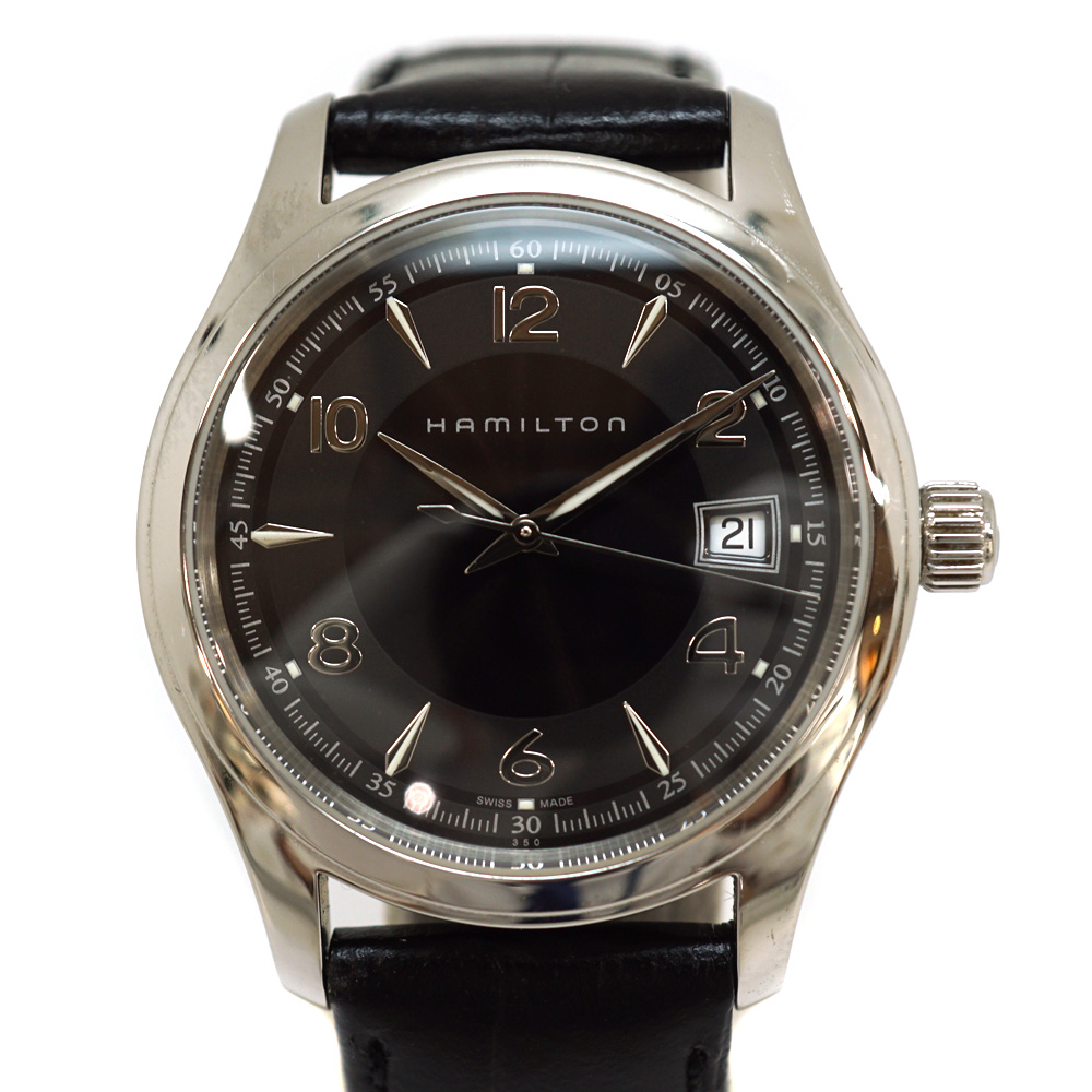 稼働◎良品◎【ハミルトン】リンウッド H184510 シルバー系文字盤 デイト スイス製 レザー QZ メンズ腕時計 - ブランド腕時計