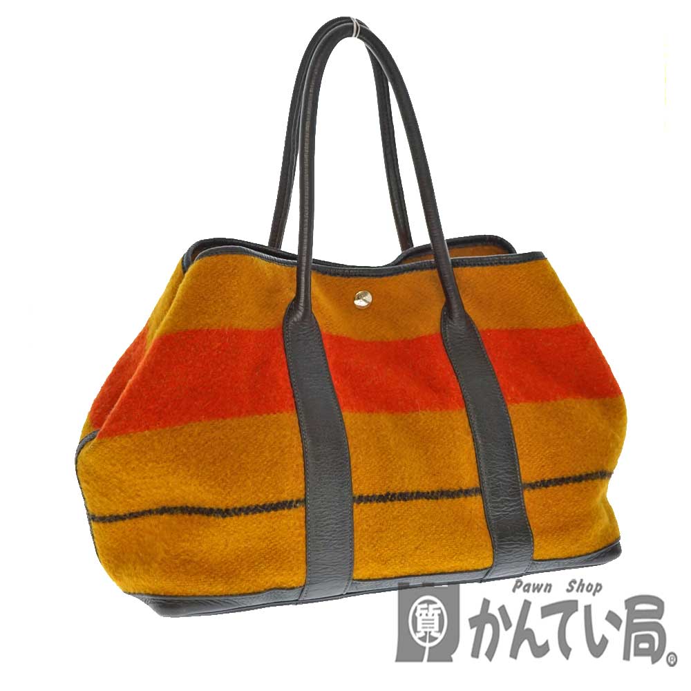 HERMES【エルメス】ガーデンパーティPM トートバッグ 鞄 かばん レザー ウール ロカバール オレンジ系 イエロー系 レッド系 ブラック  レディース メンズ ユニセックス【中古】USED-8　質屋　かんてい局北名古屋店 n20-6531