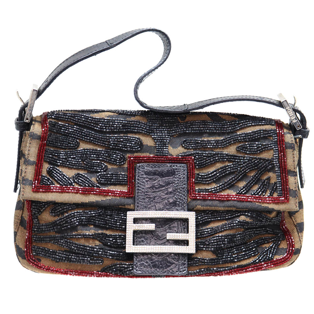 フェンディ Fendi 8BR000 マンマバケット ブラウン レザー キャンバス ビーズ【中古】