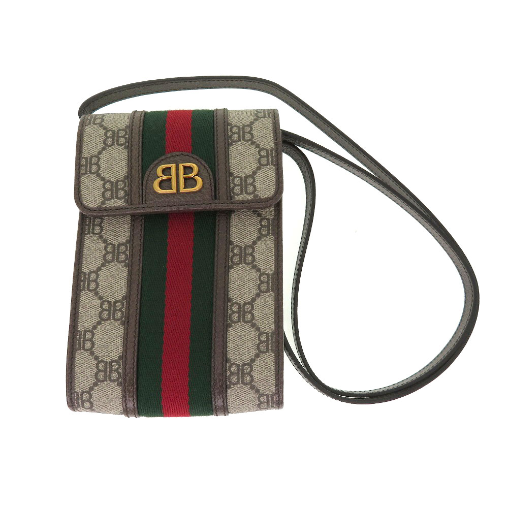 BALENCIAGA【バレンシアガ】GUCCI【グッチ】 680130 ハッカーフォンバッグ ショルダーバッグ ザハッカーコレクション ベージュ系 ブラウン系 キャンバス コラボ シェリーライン コンパクト メンズ レディース ユニセックス 鞄 美品 【中古】 未使用品 質屋 かんてい局細畑店 h2207948