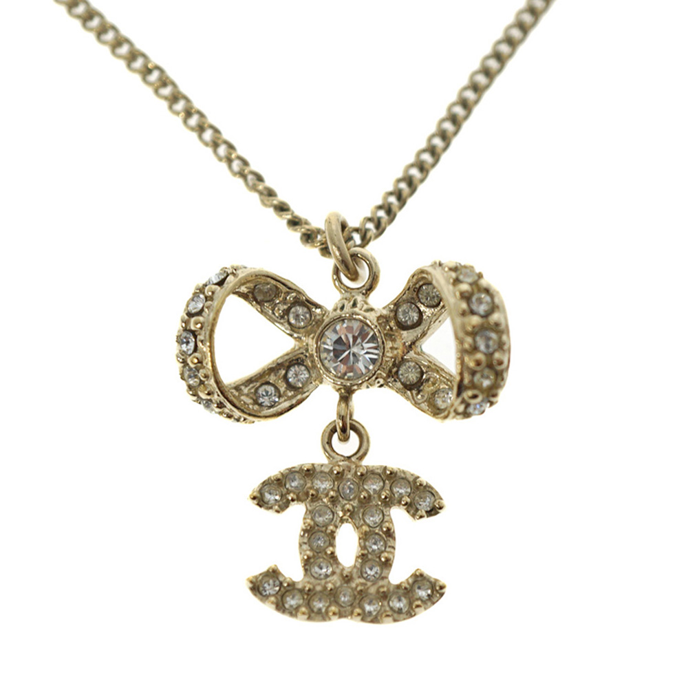 CHANEL【シャネル】リボンストーンネックレス ココマーク ロゴ 金属素材 シャンパンゴールドカラー ラインストーン 首飾り ブランド 人気 アクセサリー ジュエリー レディース 約43cm【中古】USED-7 質屋かんてい局春日井店 k22-7048